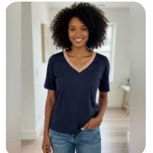 Boden Navy Blue Rainbow Stripe V-Neck T-Shirt Top US 20/22 Plus Size